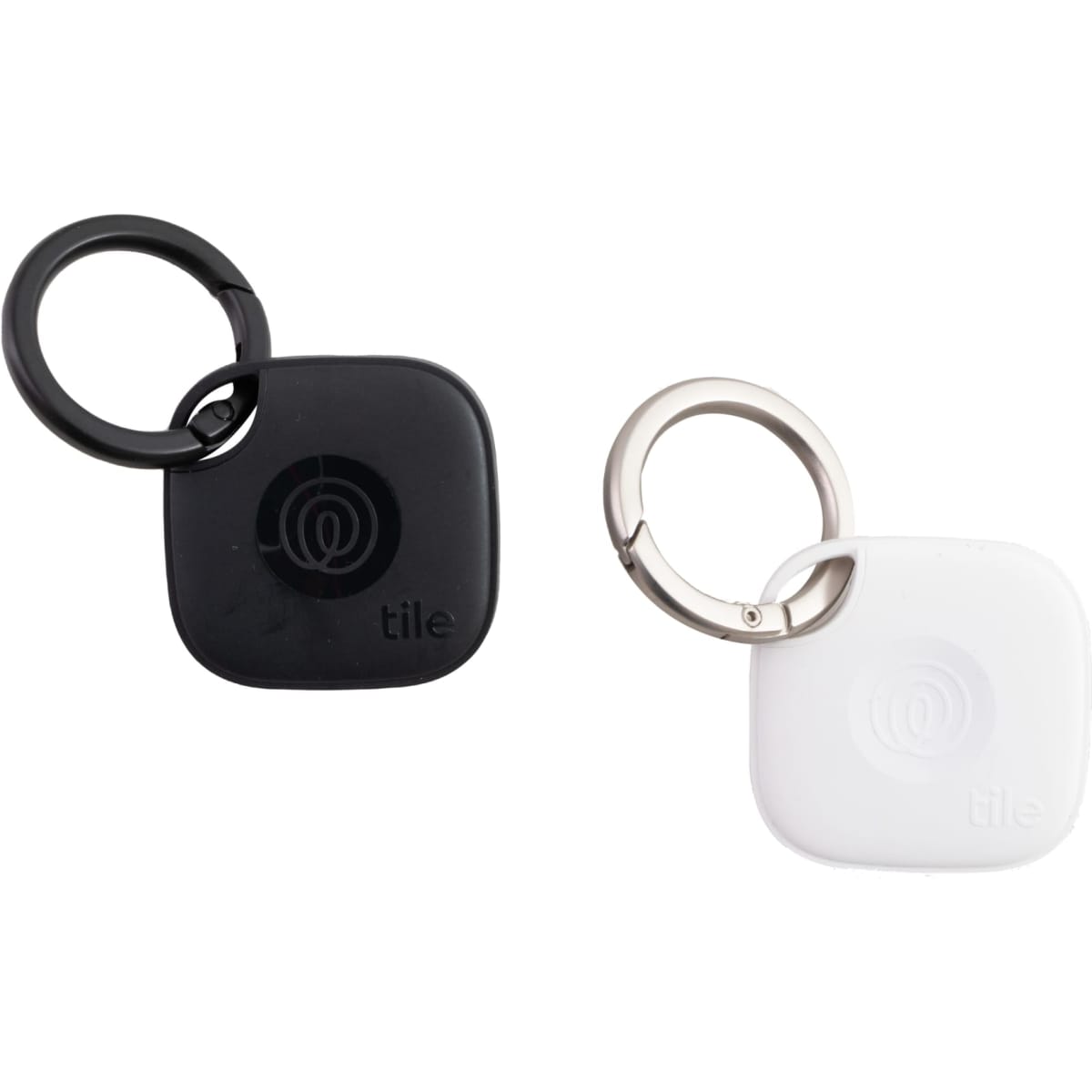 A black and white Tile Mate with key ring attached, featuring a simple design and a logo.