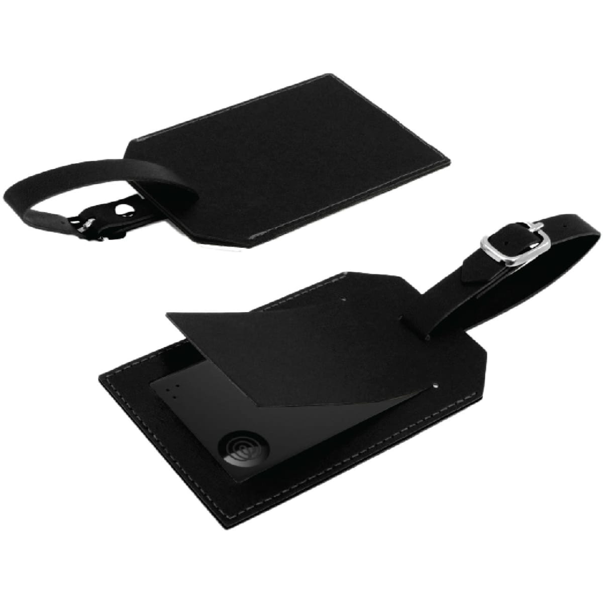 A black vegan leather luggage tag with a slot for identification and an attached strap.