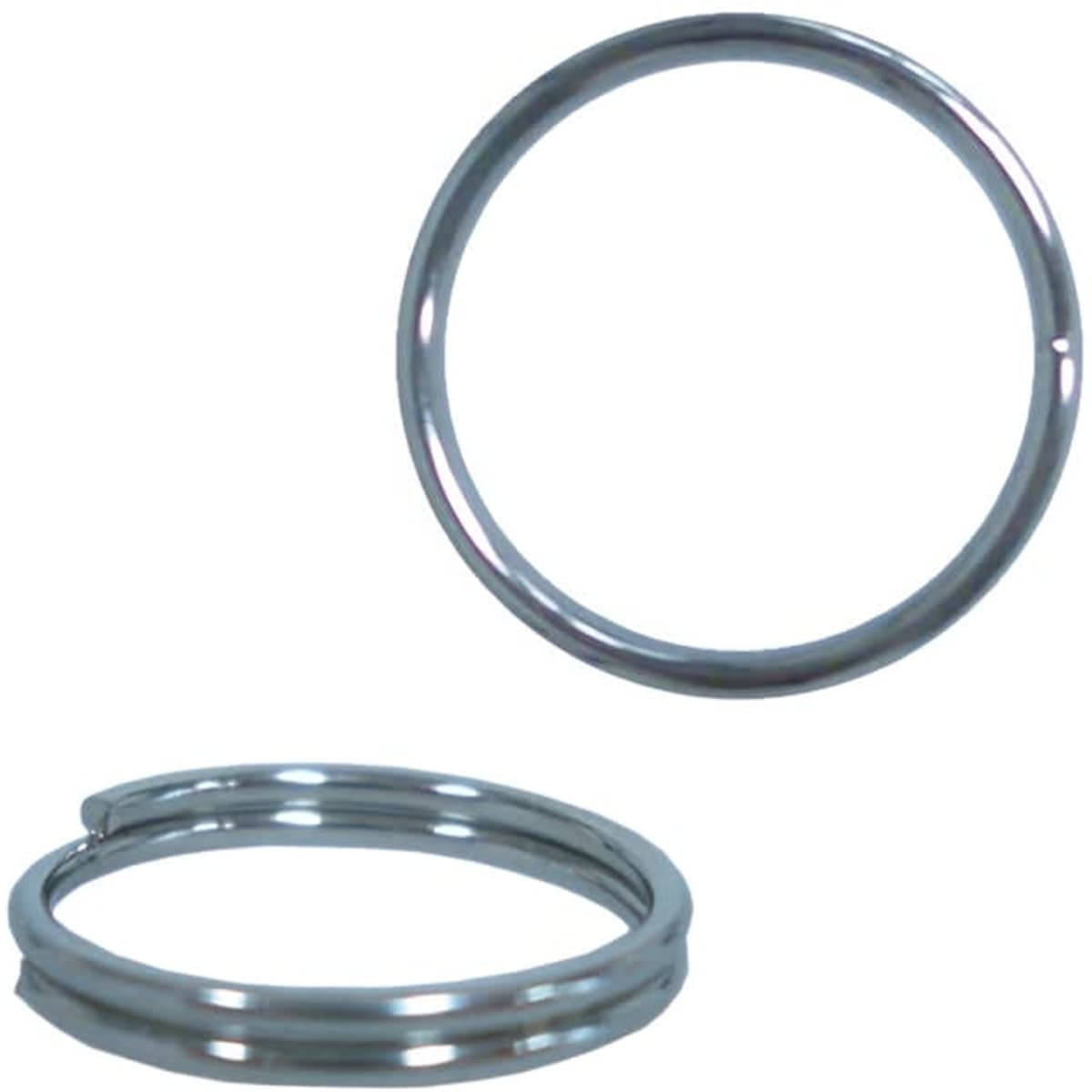 A metal split ring in a shiny silver finish, presented in two angles. It features a smooth surface.