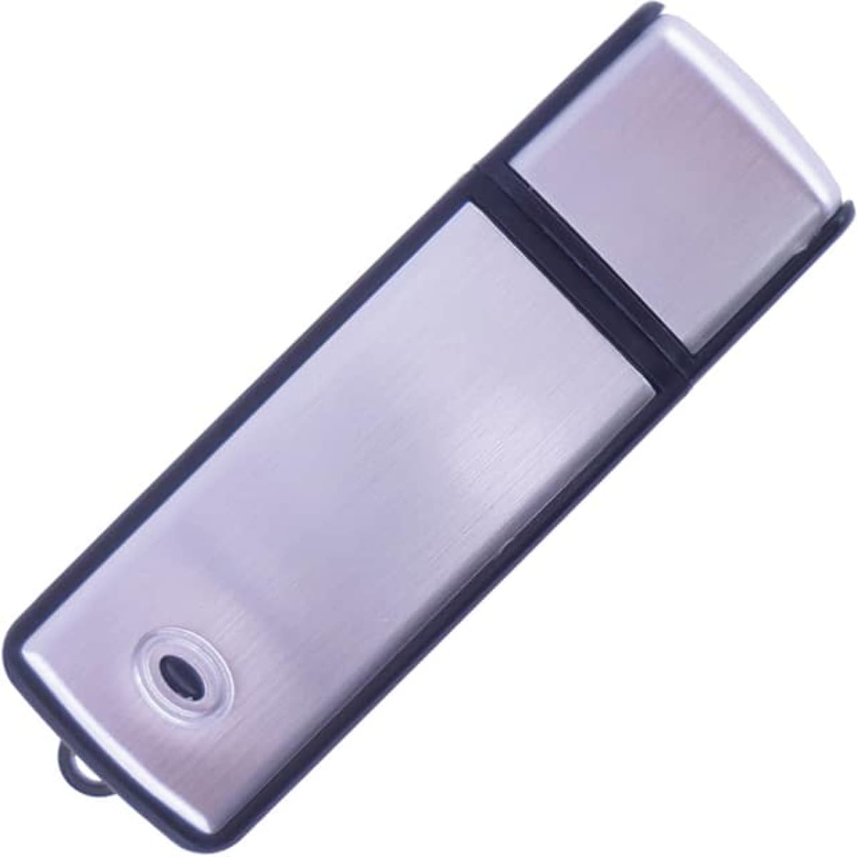 A sleek silver flash drive with a black casing and a small loop attachment for convenience.