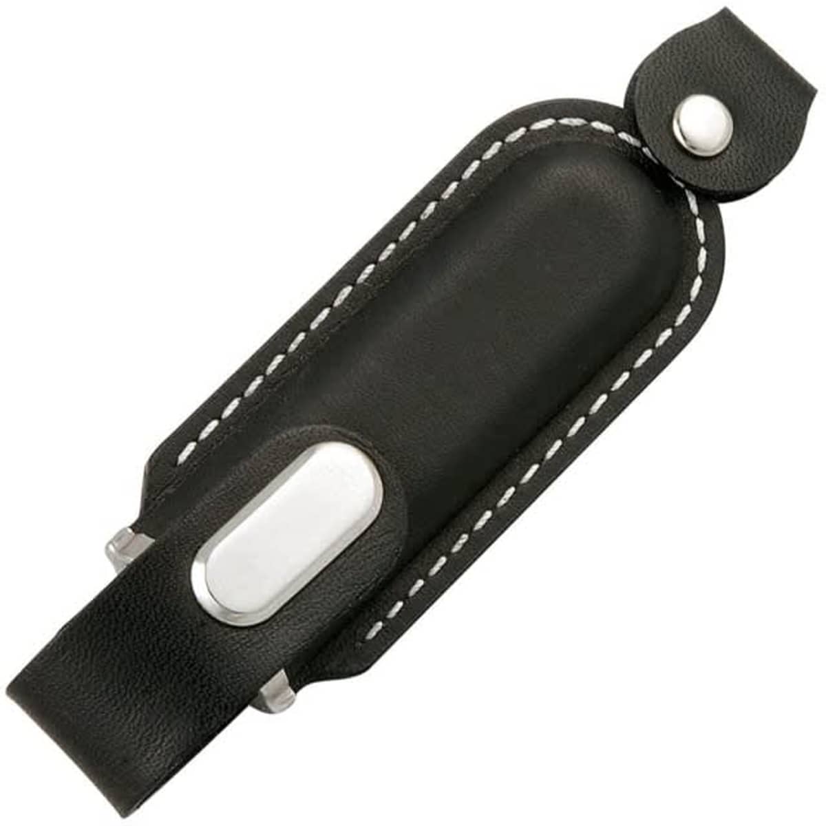 A black leather flash drive holder with white stitching and a silver button closure. It features a smooth, sleek design.