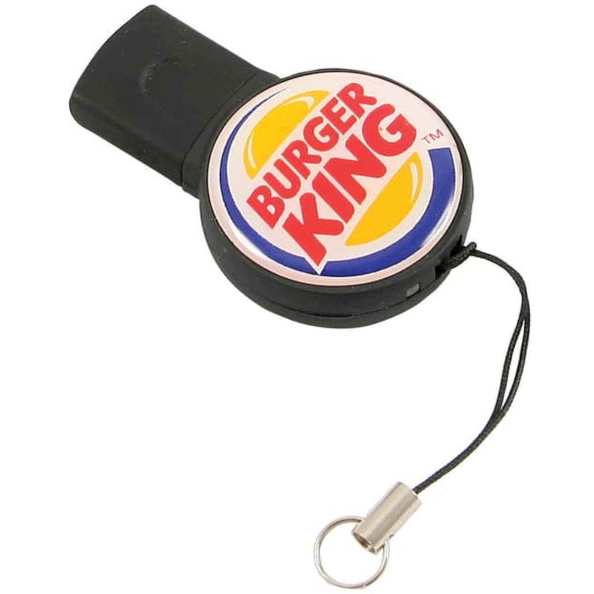 A black retractable Flashdrive with a circular logo featuring red and yellow elements. It has a keychain attachment.
