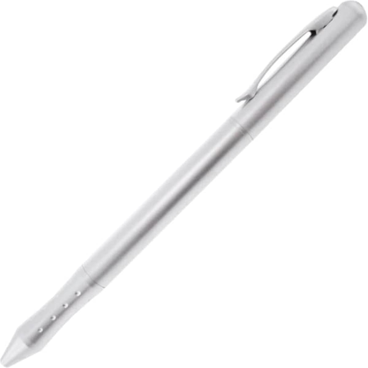 A sleek silver metal pen featuring a clip and a pointed tip, with a subtle logo on the body.