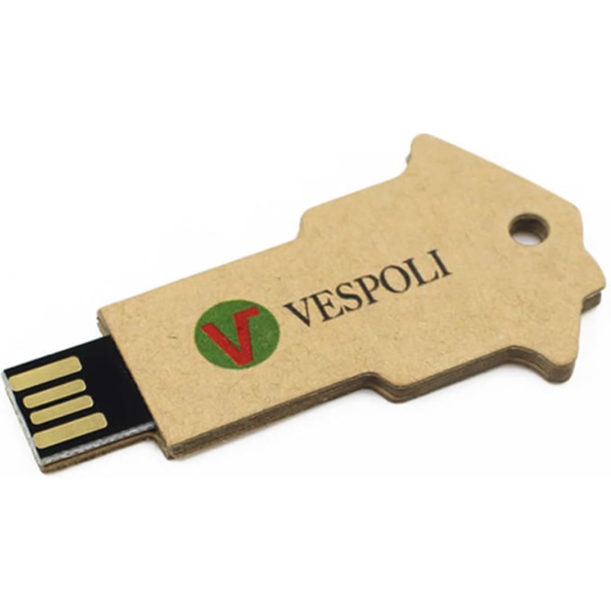 A key-shaped eco flash drive in brown with a logo, featuring a USB connector at one end.