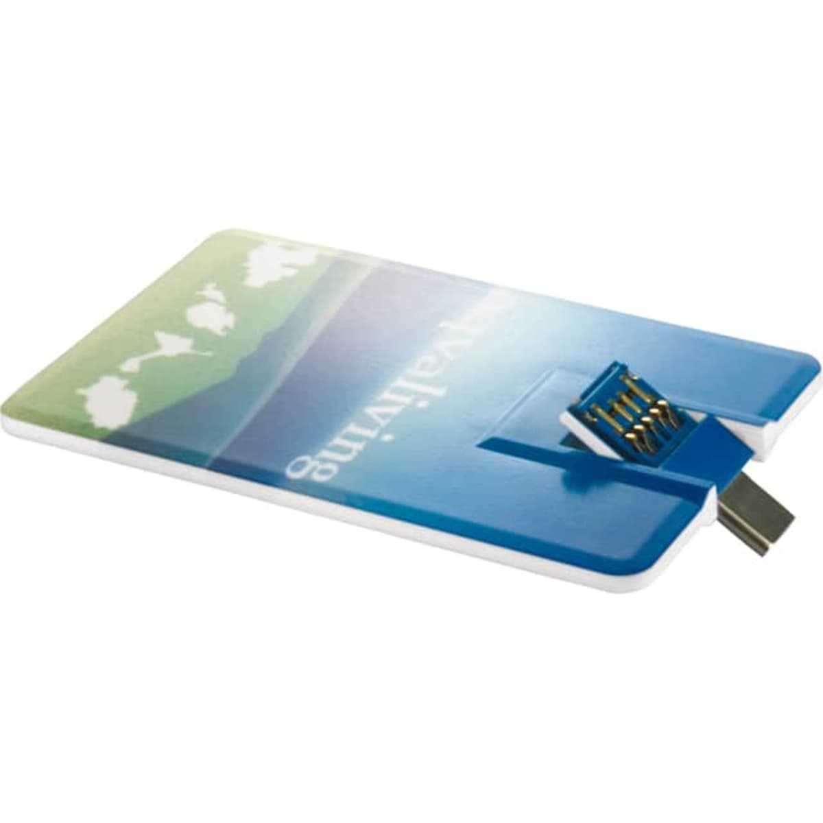 A blue and green Slimline V credit card Type-C flash drive with a USB connector. It features a logo.