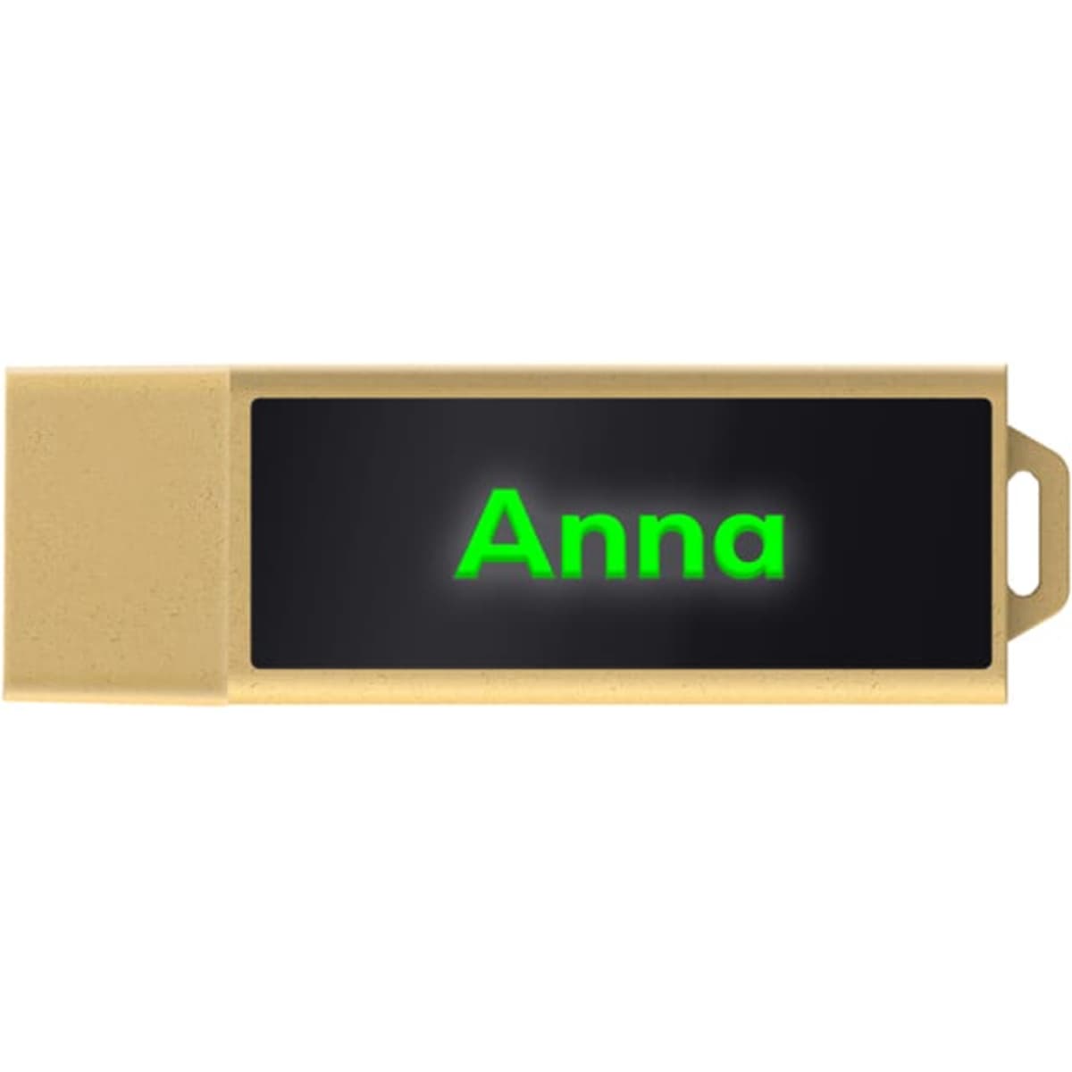 A gold eco-friendly LED flash drive with a black display area featuring the name "Anna" and a logo.