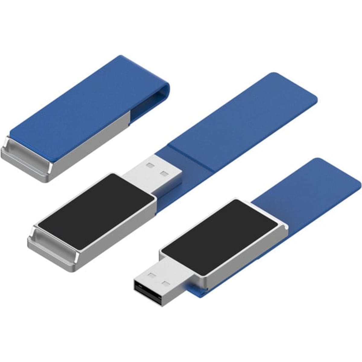 A blue Milan LED flash drive with a sleek design and a silver clip. It features a USB connector for easy access.