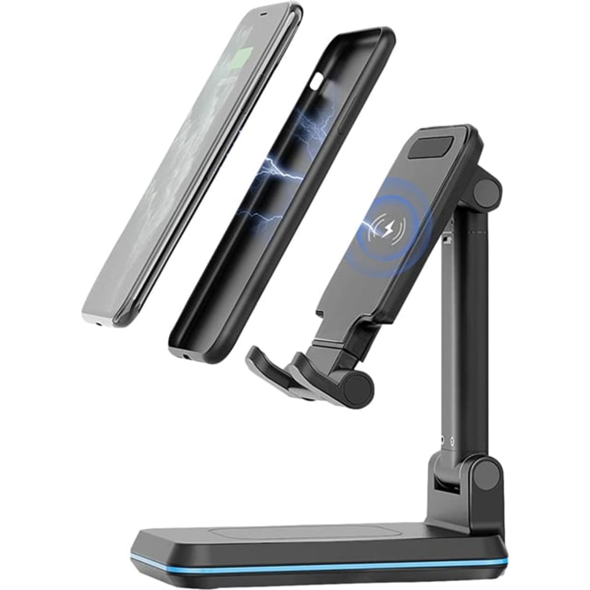 A foldable wireless charge stand in black with a stylish base, designed for holding a smartphone.