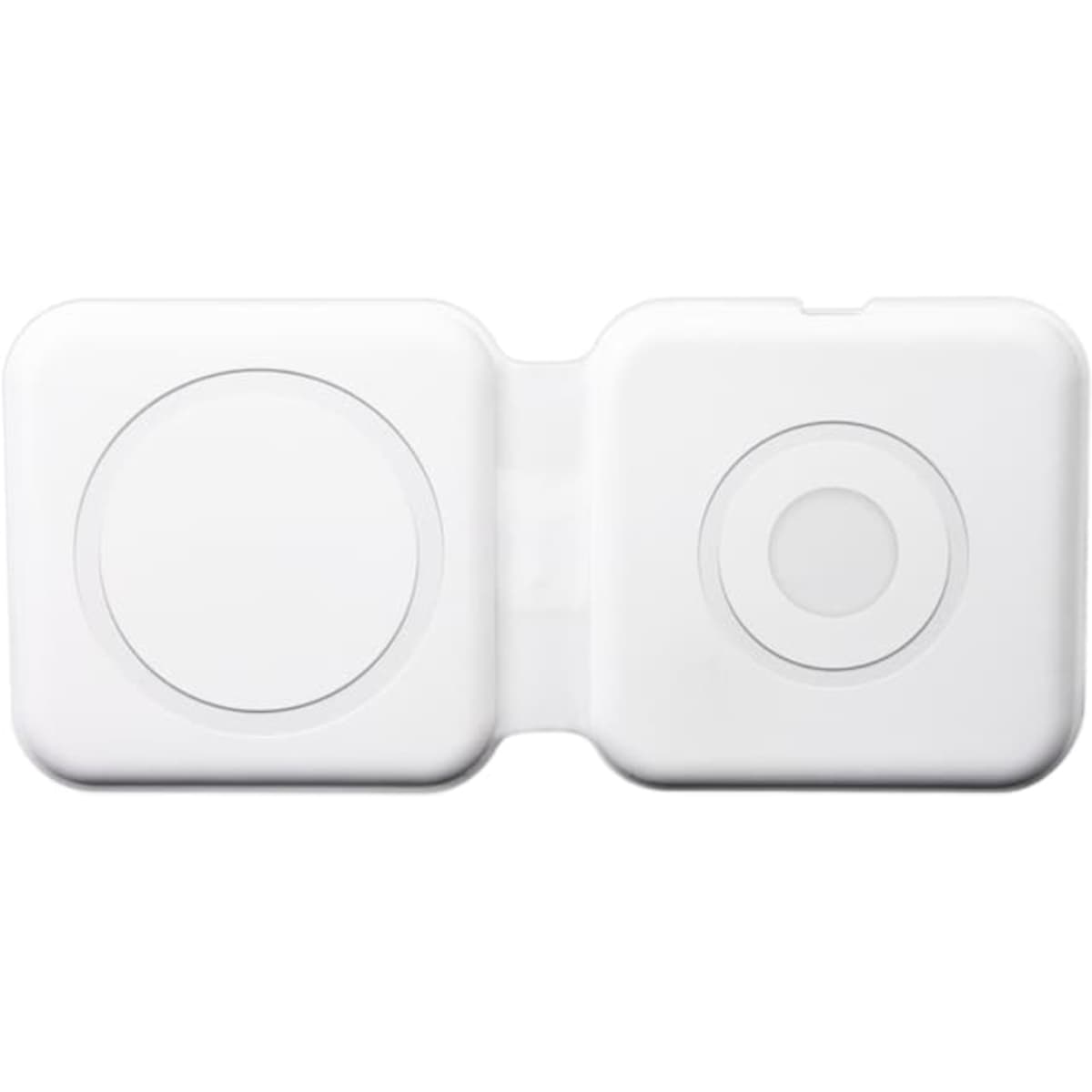 A white magnetic wireless charger with two circular charging areas, featuring a simple design and a logo.