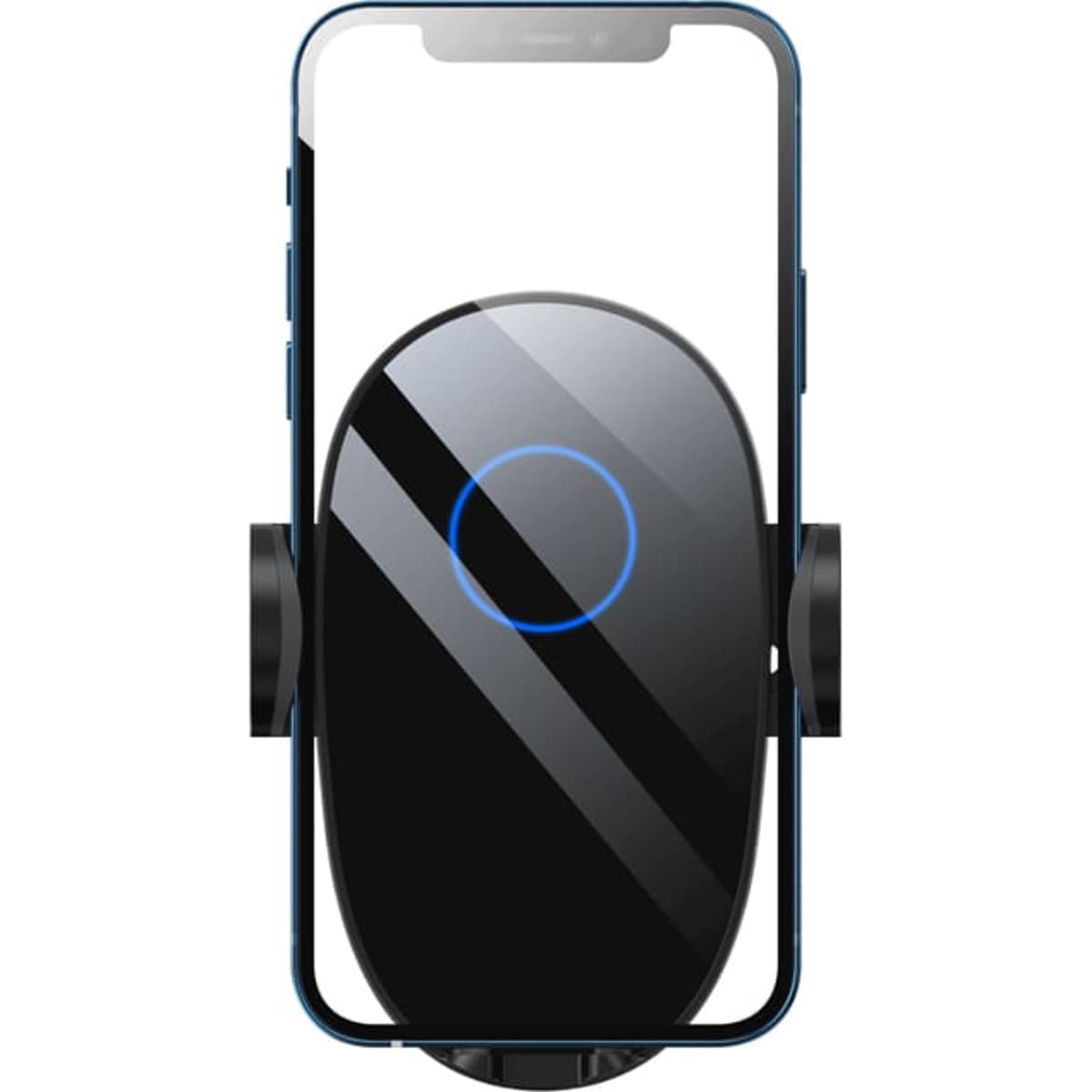 A black wireless car charger with a blue indicator light, designed to hold smartphones in place.