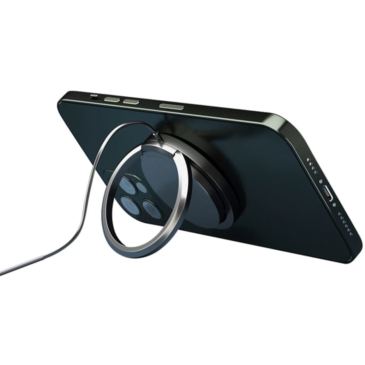 A black smartphone with a magnetic wireless charger attached to the back, featuring a sleek design.