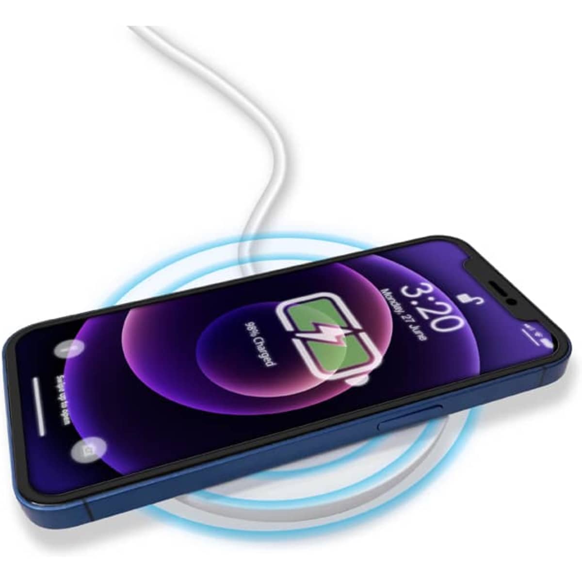 A wireless charger in blue with a smartphone placed on it, displaying a charging indicator.