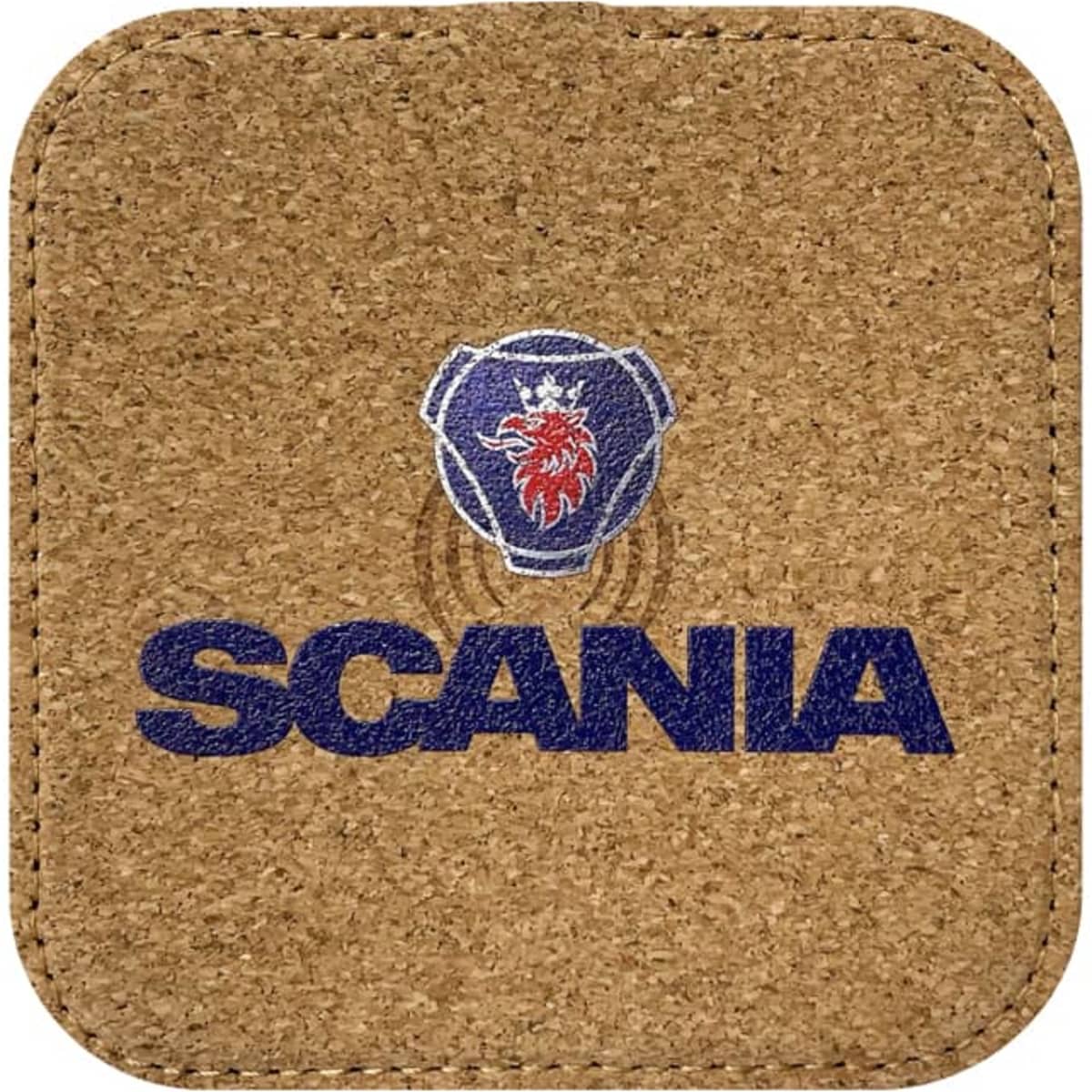 A square cork wireless charger with a logo printed in blue and red, featuring a lion design and the word "SCANIA".