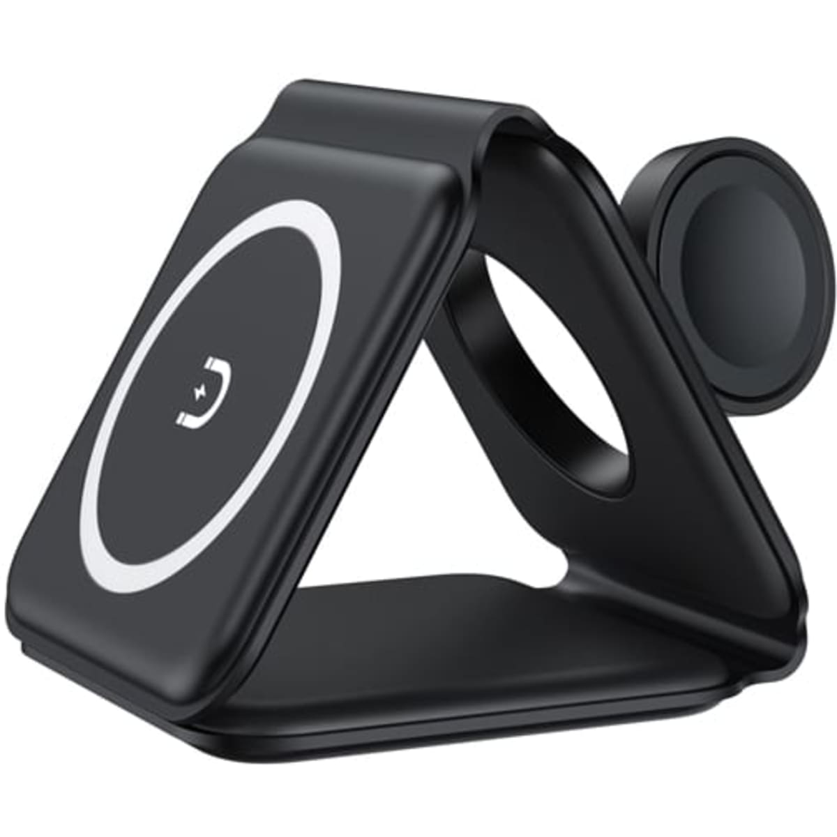 A black 3-in-1 magnetic wireless charger with a triangular design and a circular charging surface.