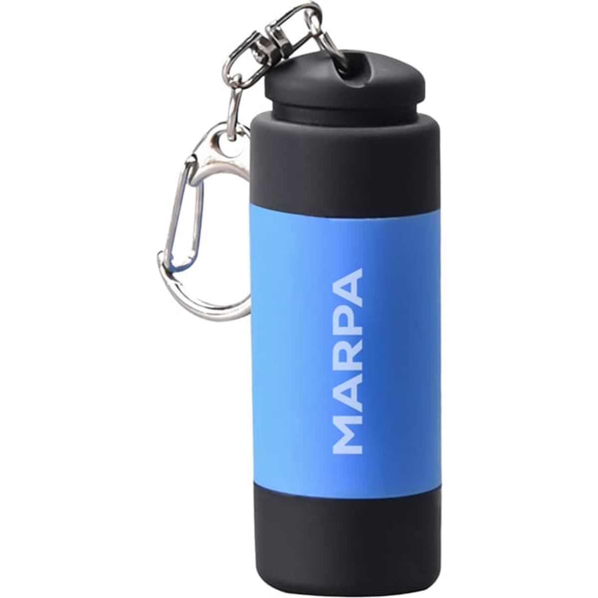 A rechargeable LED torch in blue and black, featuring a carabiner and a logo.