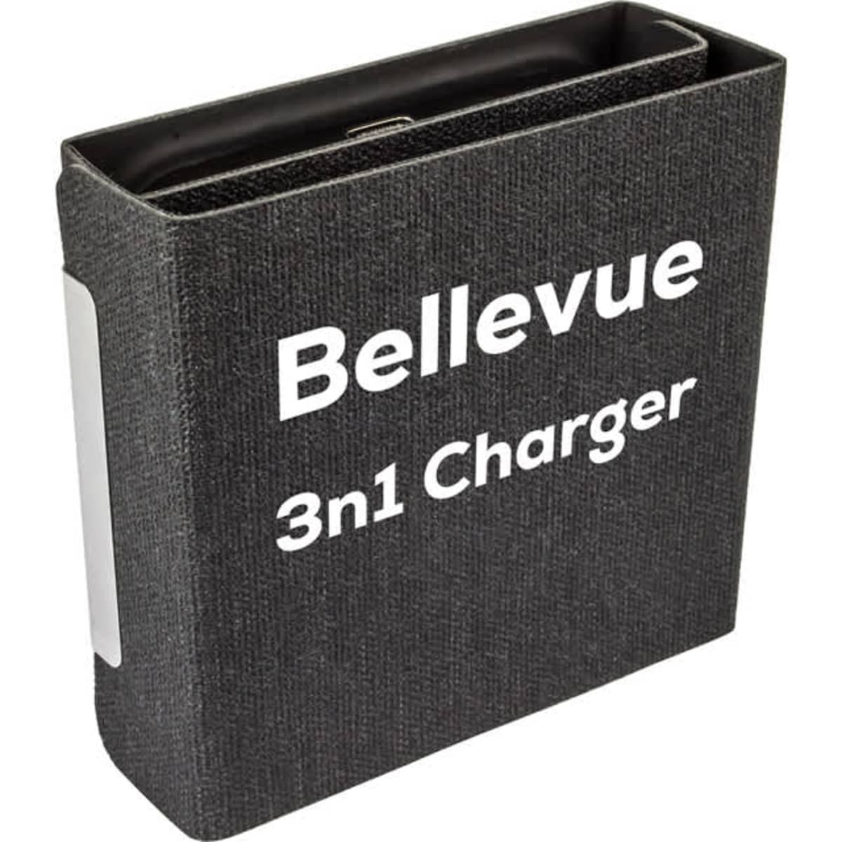 A black textured box with a magnetic 15W wireless charger inside, featuring a logo.