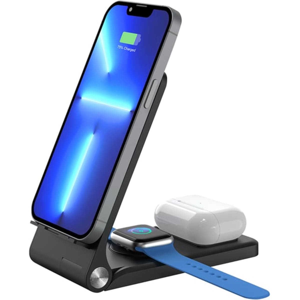 A wireless charger in black featuring three charging spots for a phone, AirPods, and a smartwatch.