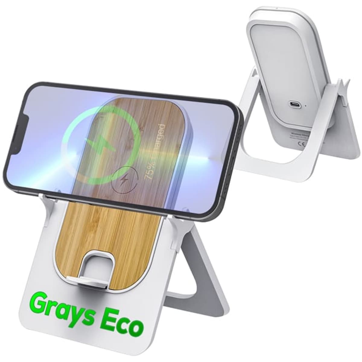 A wireless charging stand in white with a bamboo charging surface, featuring a logo and an illuminated phone display.