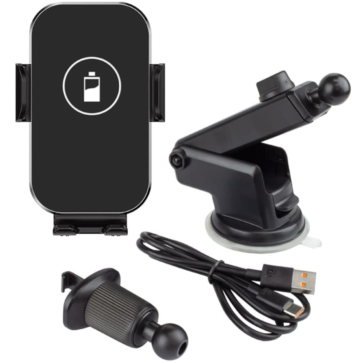 A black 15W fast wireless car charger with a suction mount, USB cable, and a detachable attachment.