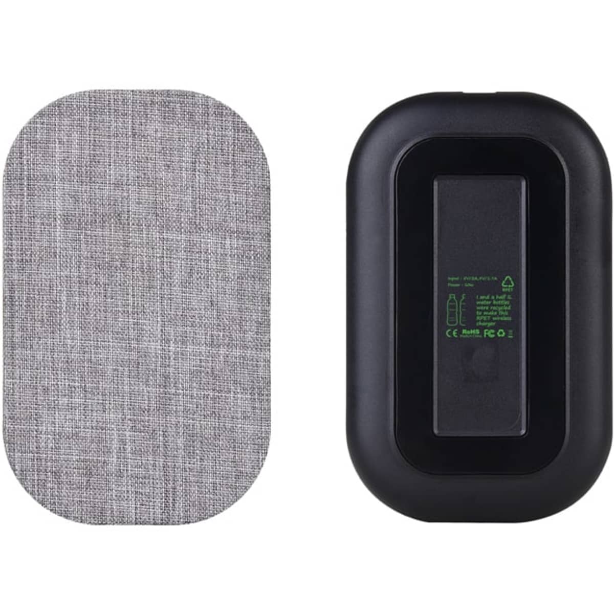 A wireless charger with a textured grey fabric surface and a black body, featuring a logo on one side.
