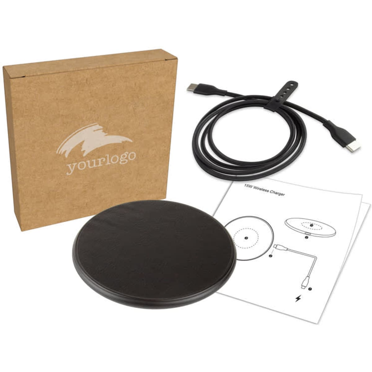 A black eco wireless charger with a USB cable, instruction manual, and a branded box.