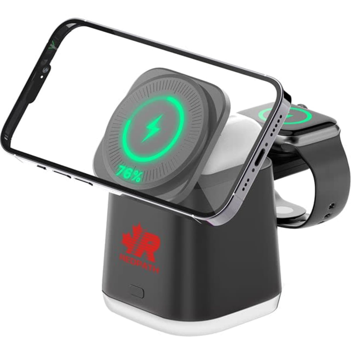 A black and white magnetic wireless charger with a phone and a smartwatch placed on it, featuring LED indicators.
