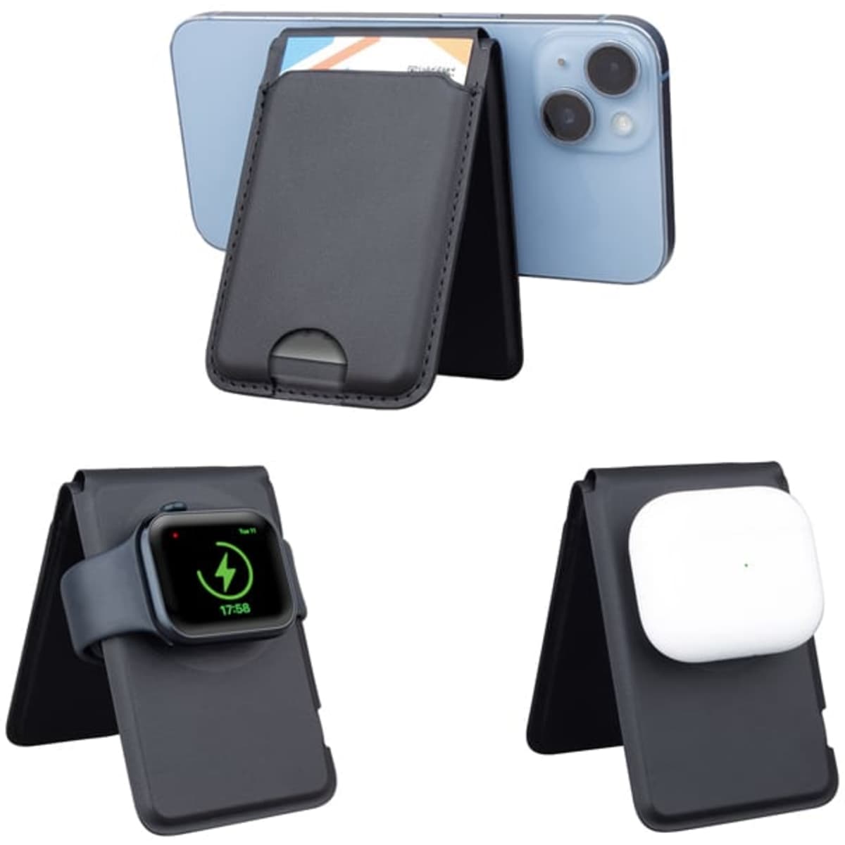 A black magnetic card wallet and wireless charging stand, holding a phone, Apple Watch, and AirPods.