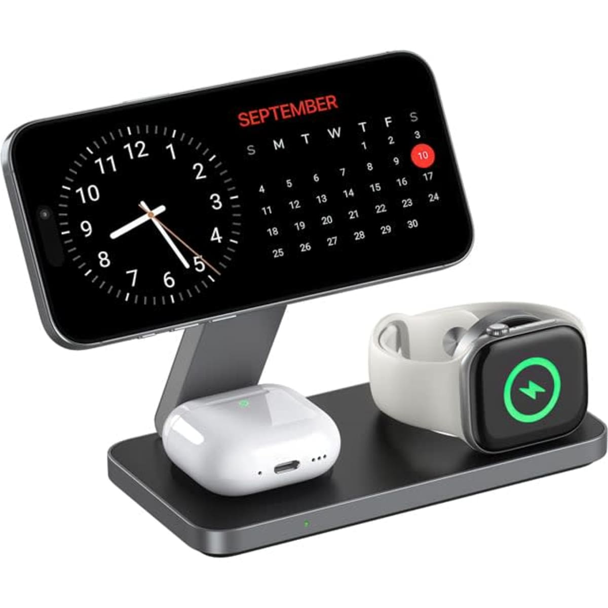A magnetic wireless charging station in black, featuring slots for a phone, AirPods, and an Apple Watch.