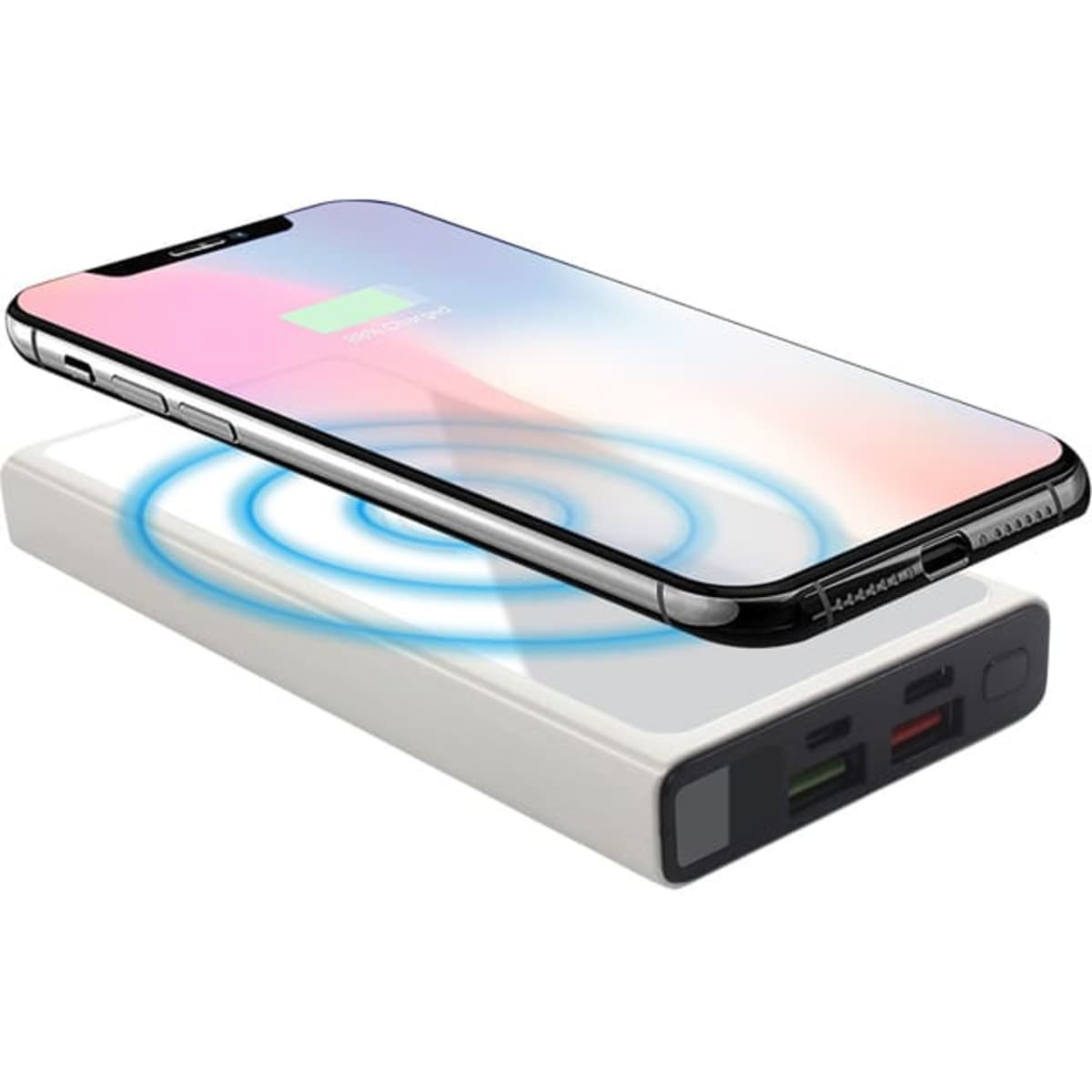 A white wireless power bank with a smartphone above it, indicating wireless charging functionality.