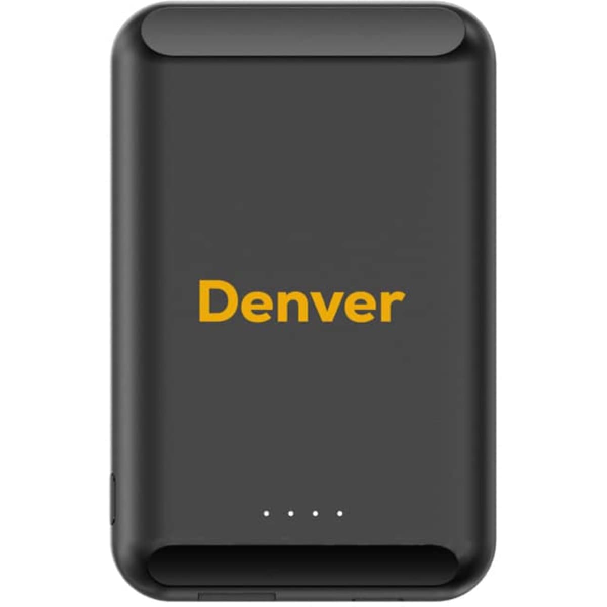 A black Denver magnetic wireless power bank with a logo and indicator lights on the front.