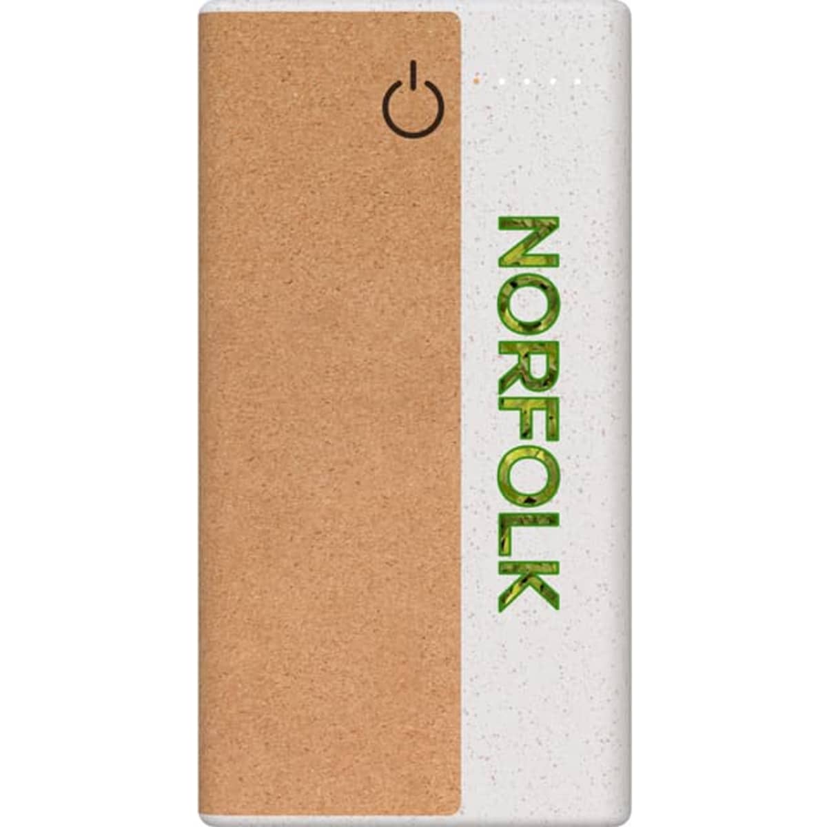 A wireless eco power bank in white with a cork panel, featuring a logo and a power button.