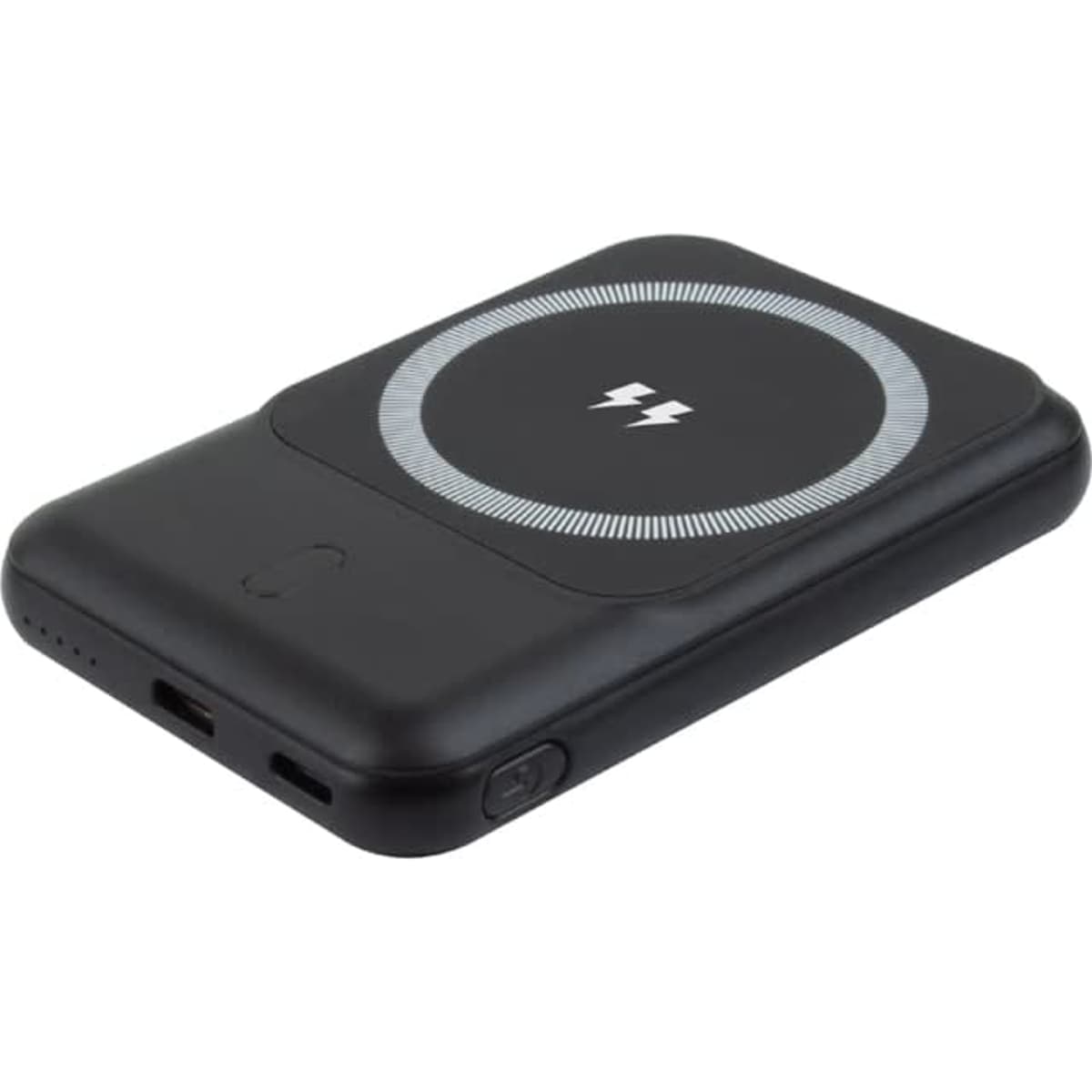 A black power bank with a circular design and lightning symbol, featuring USB-C and a port for charging.
