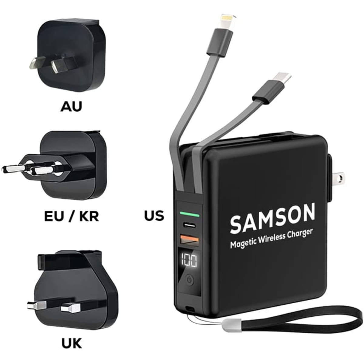 A black magnetic travel charger with interchangeable plugs for AU, EU/KR, and UK, featuring multiple charging cables.