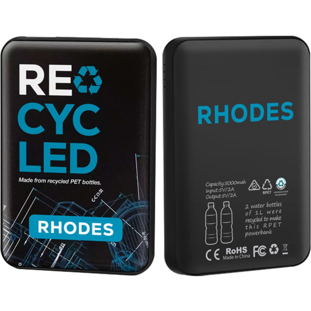 A black power bank featuring a logo, made from recycled PET bottles, highlighted with turquoise and white text.