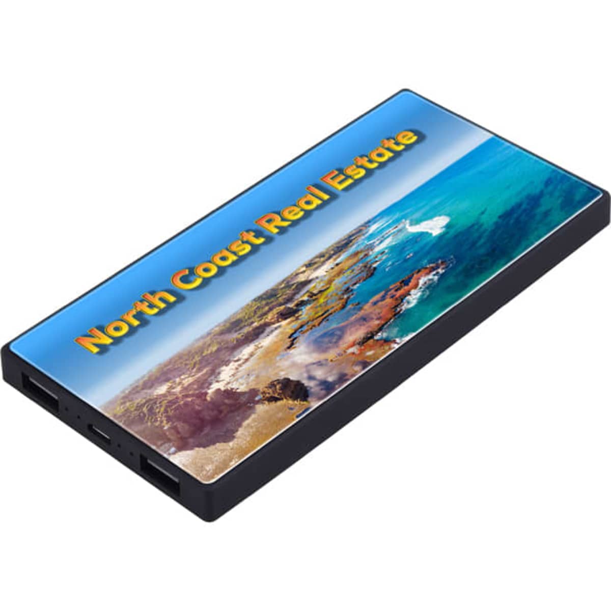 A black power bank featuring a vibrant coastal image and a logo. It has multiple ports for charging devices.