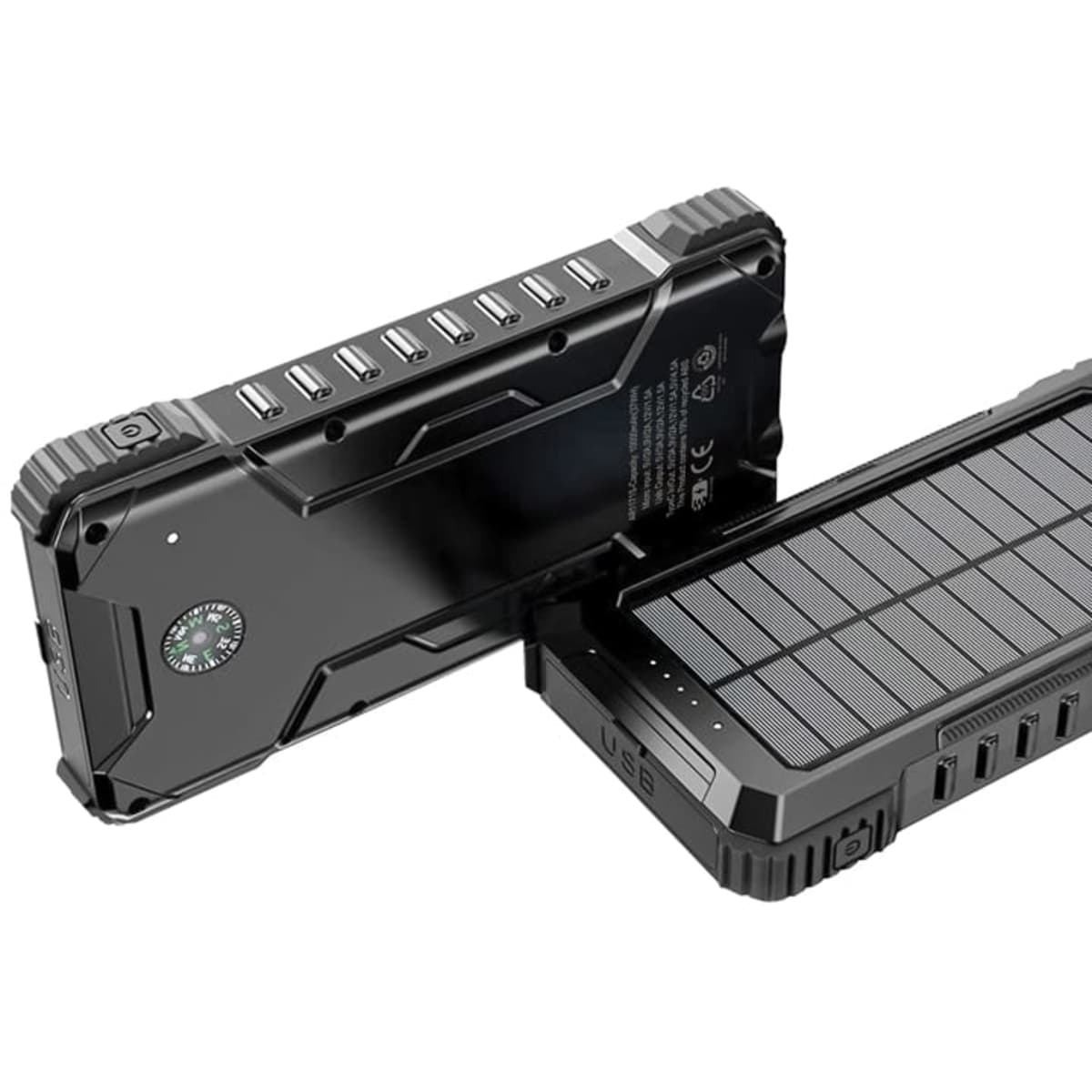 A black solar power bank with multiple USB ports and a textured surface, featuring a logo.