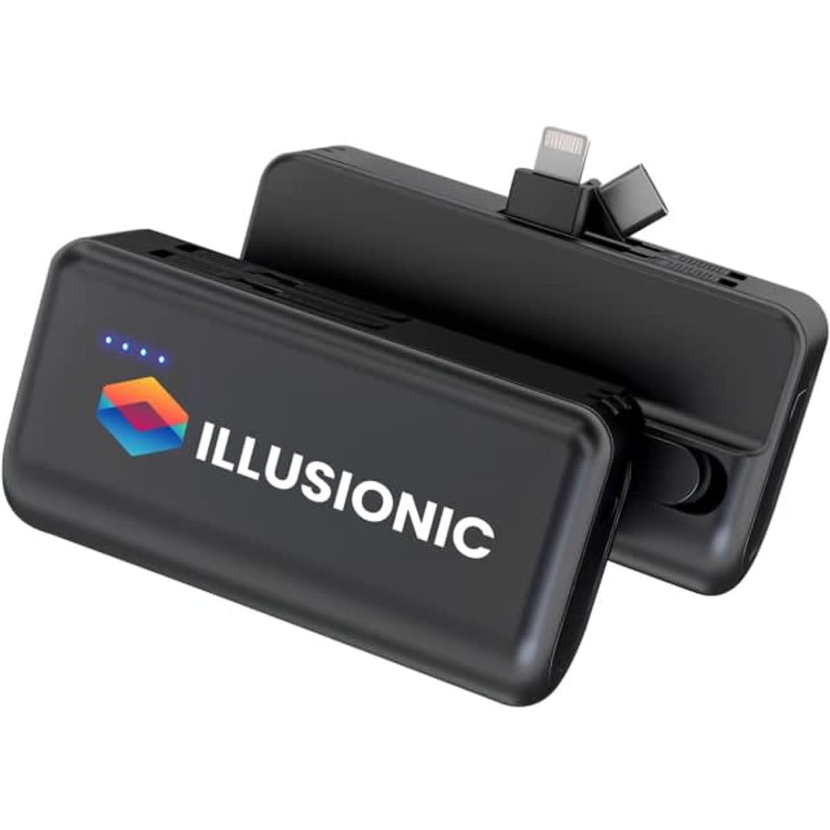 A black power bank with a logo, featuring a built-in connector and LED indicators.