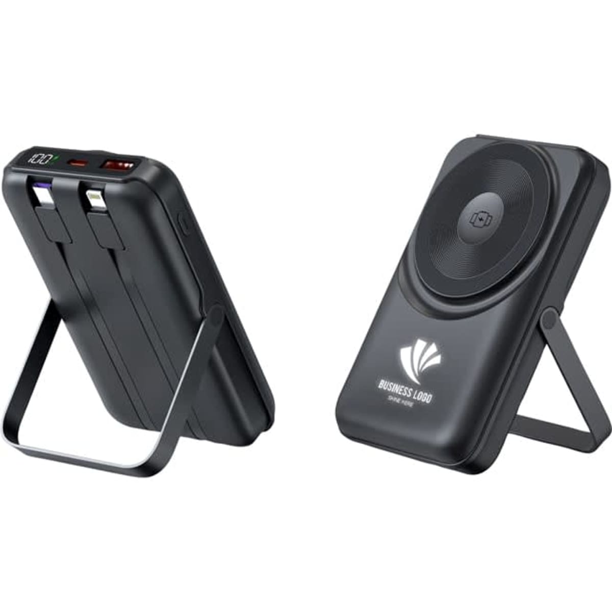 A black wireless power bank with a stand, featuring multiple ports and a charging pad.