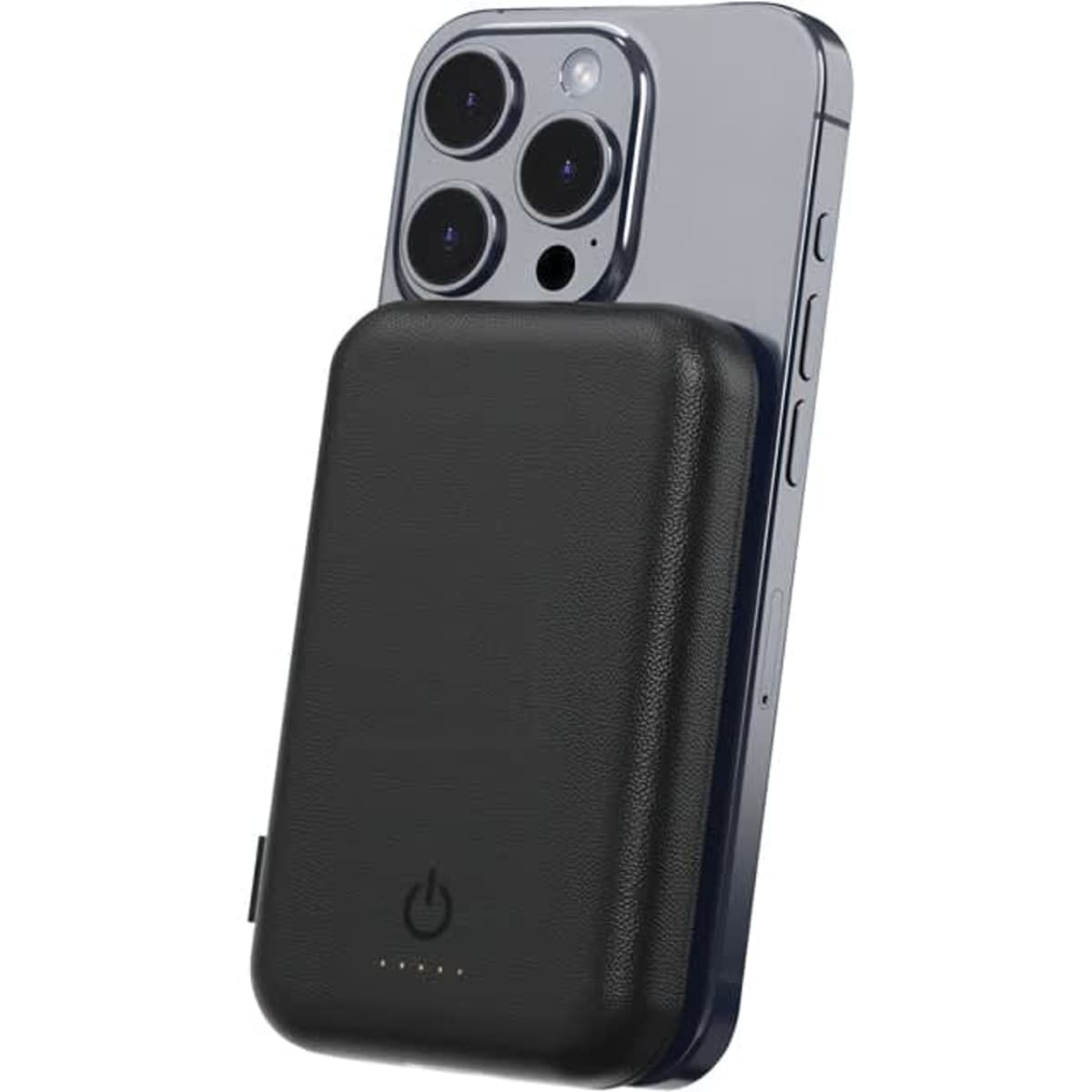 A black magnetic power bank is attached to a smartphone, showcasing its slim design and built-in charging capabilities.