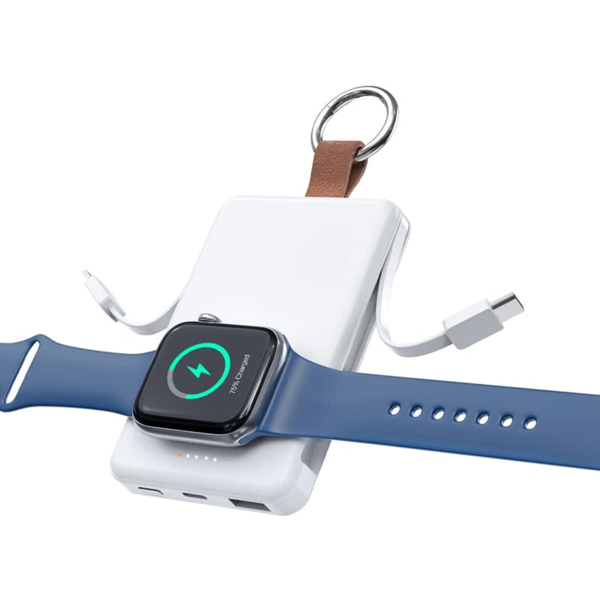 A white magnetic power bank with a brown leather strap, with a blue smartwatch attached for charging.