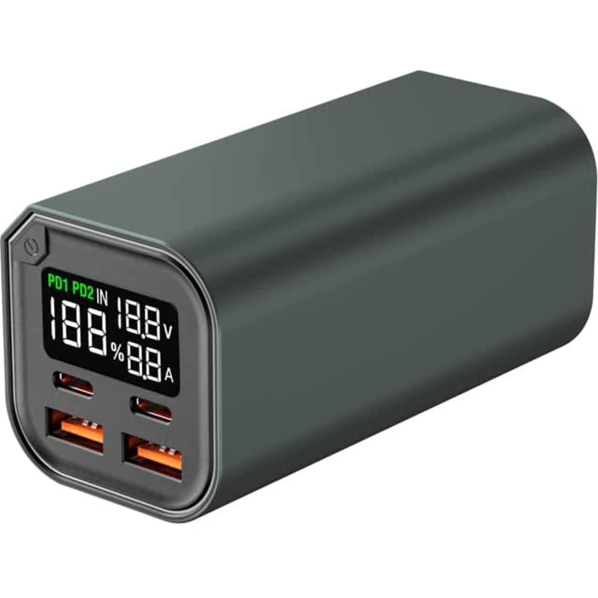 A green power bank with two USB ports and a digital display, featuring a cylindrical design.