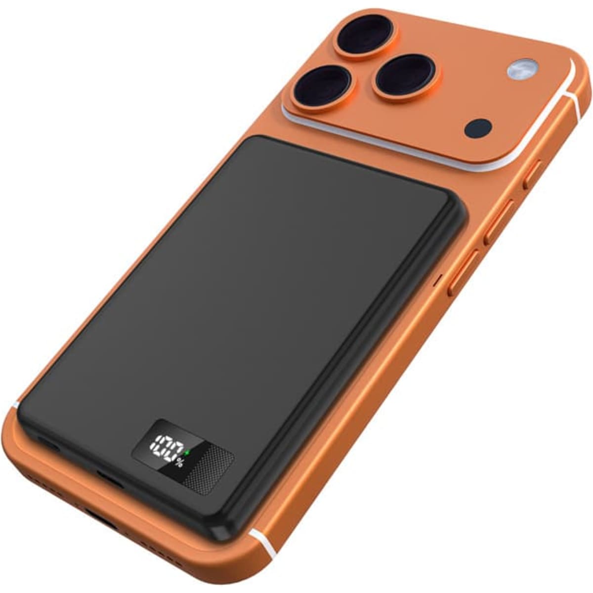 An orange smartphone with a black ultra-thin power bank attached, featuring three camera lenses on the back.