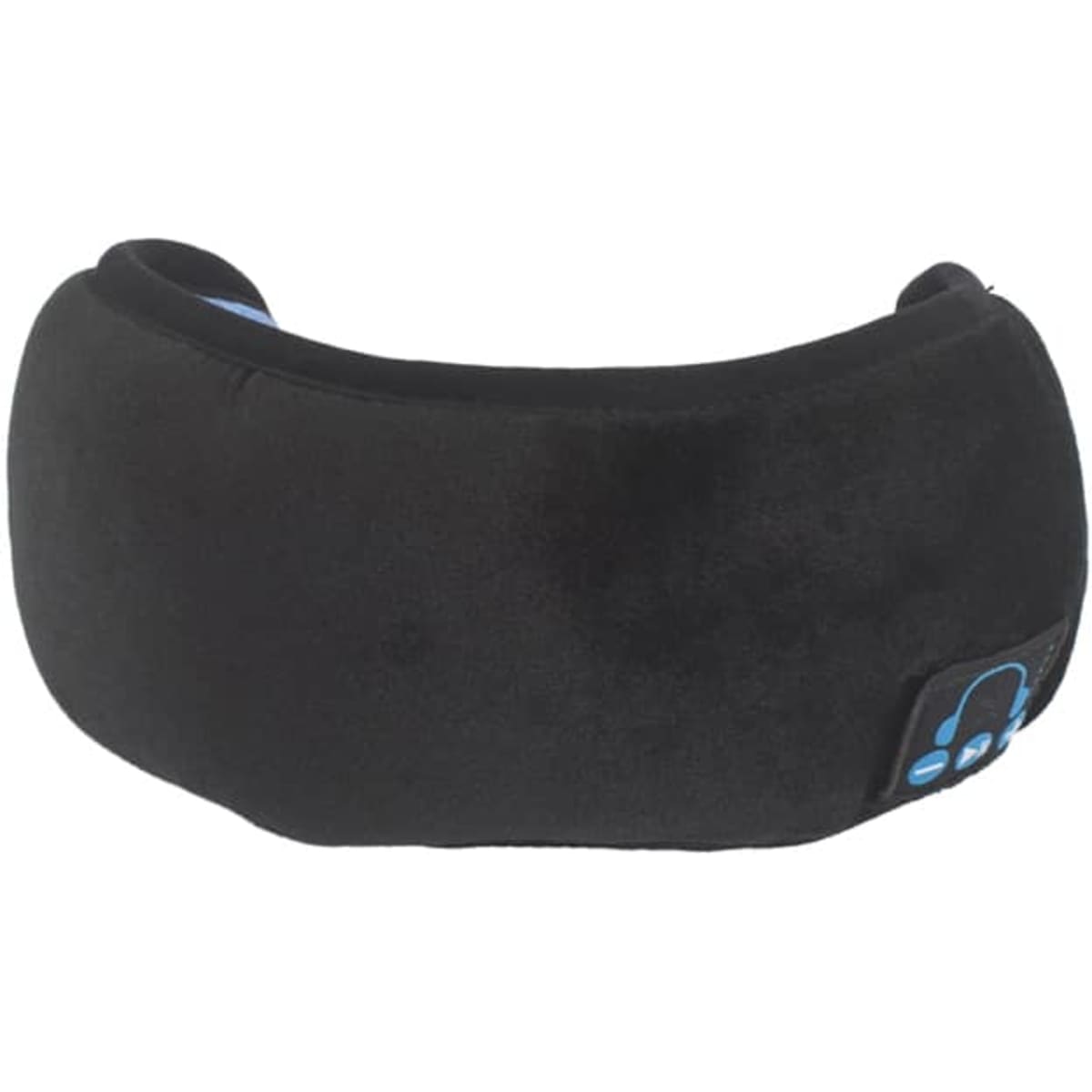 A black Bluetooth eye mask featuring a logo, designed for comfort and technology integration.
