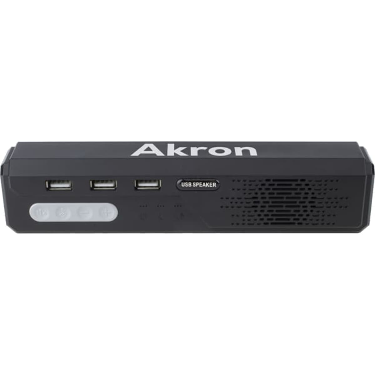 A black Akron omnidirectional speaker phone with USB ports and control buttons. It features a simple, modern design.