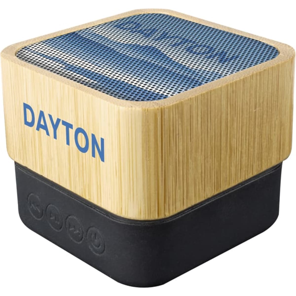 A bamboo wireless speaker in a square shape with a mesh top and black base, featuring a logo on the side.