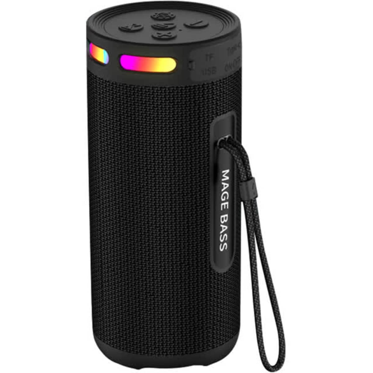 A black wireless speaker with a textured surface, buttons on top, and a colourful light band. It features a carrying strap.