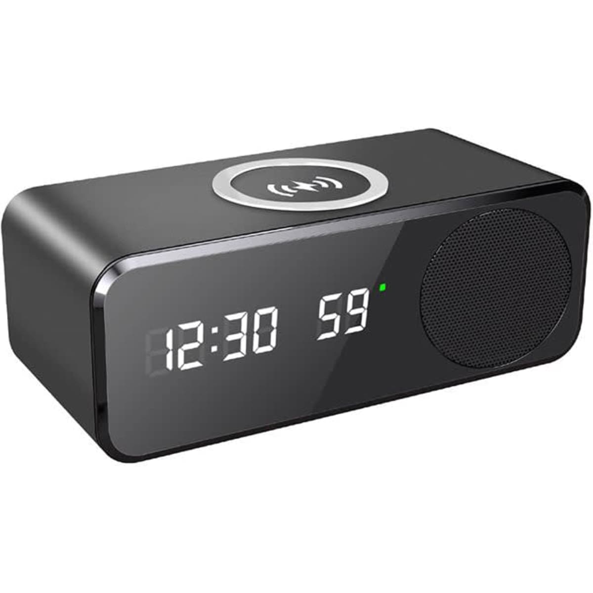 A black wireless charging speaker featuring a digital clock display and a speaker grille. It has a logo on the front.