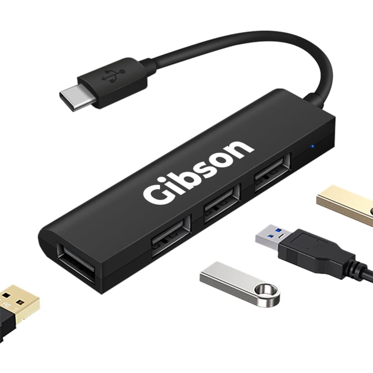 A black USB hub with four ports and a Type-C connector, featuring a logo on the side.