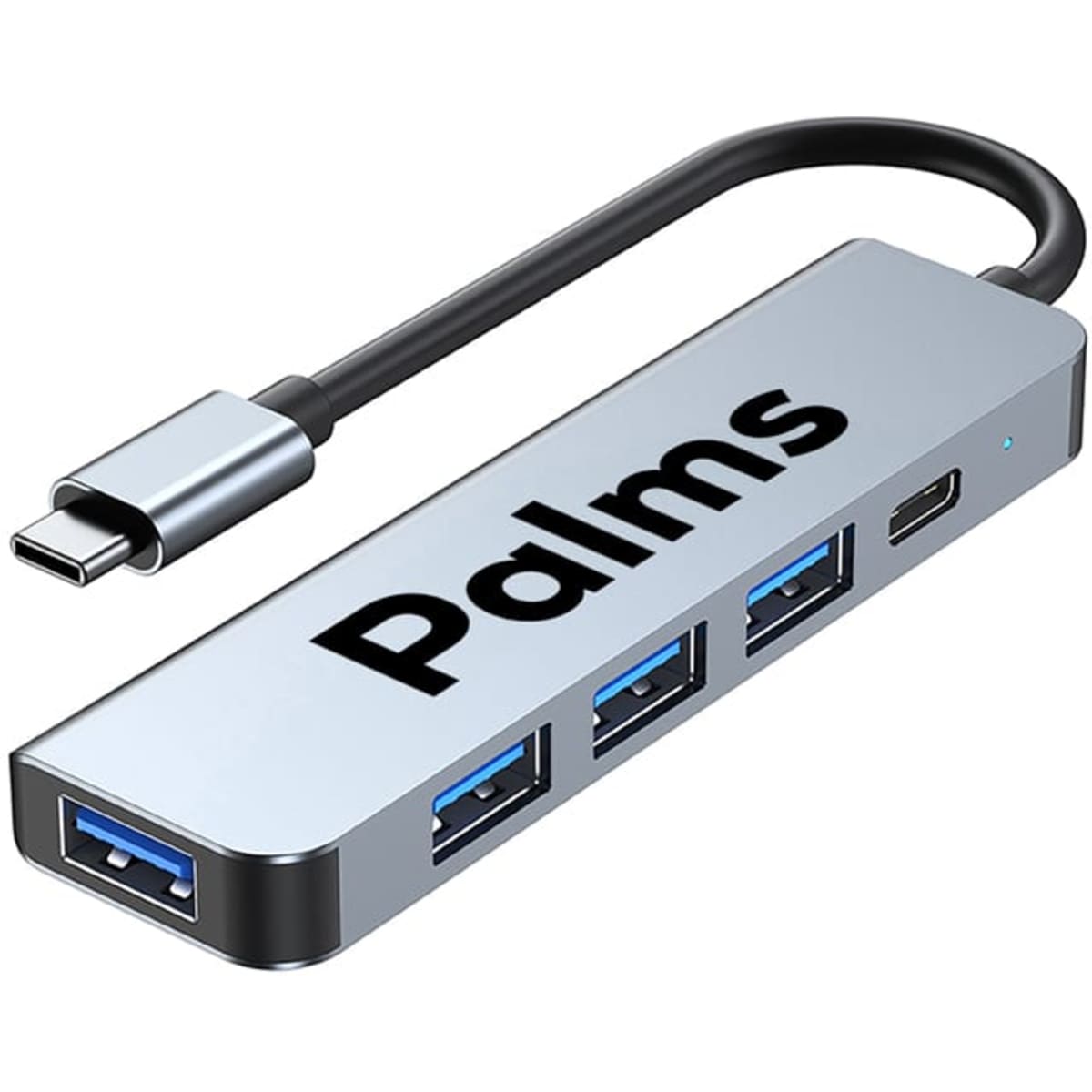 A silver USB Type-C hub with three blue USB ports and a USB-C connector. It features a logo on the side.