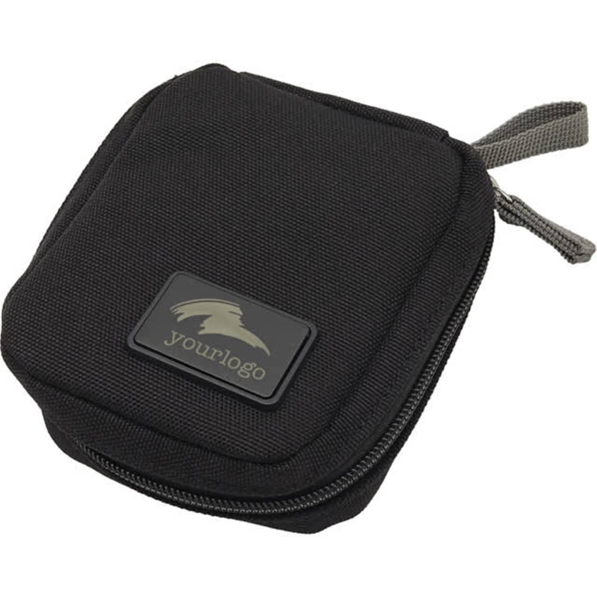 A black eco accessory pouch with a zip closure and a logo patch on the front.